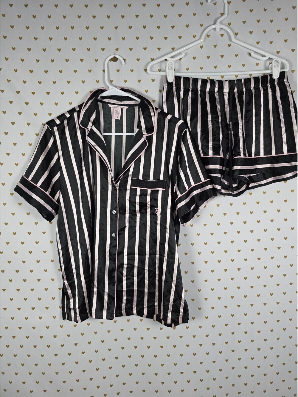 Victorias Secret Satin Striped Sleep Set 2pc outfit shirt shorts Small
